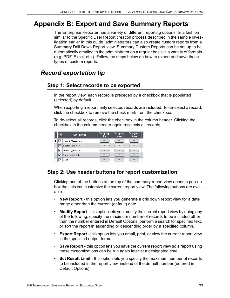 Appendix b: export and save summary reports, Record exportation tip, Step 1: select records to be exported | 8e6 Technologies Enterprise Reporter ER HL/SL User Manual | Page 37 / 48