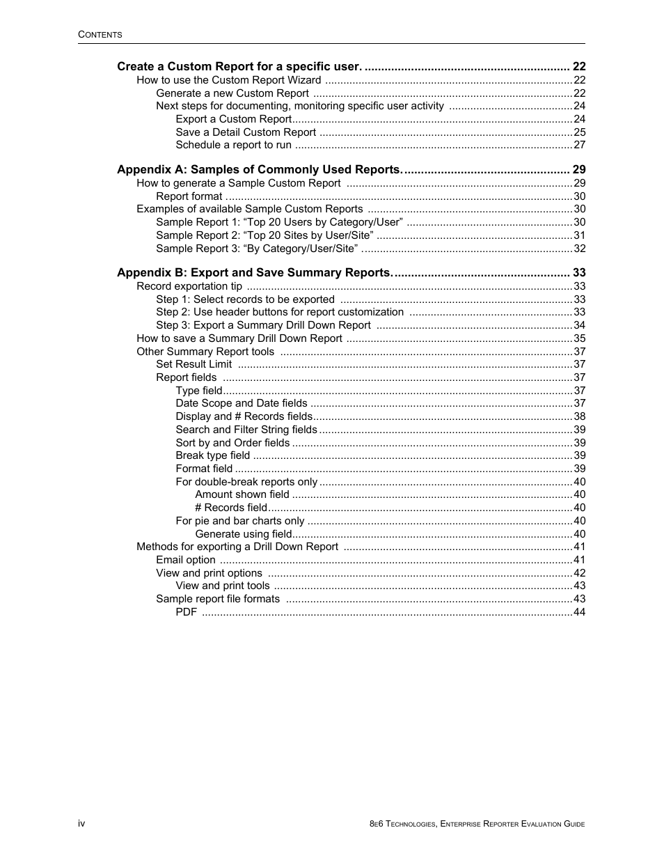 Create a custom report for a specific user, Appendix a: samples of commonly used reports, Appendix b: export and save summary reports | 8e6 Technologies Enterprise Reporter ER HL/SL User Manual | Page 4 / 48
