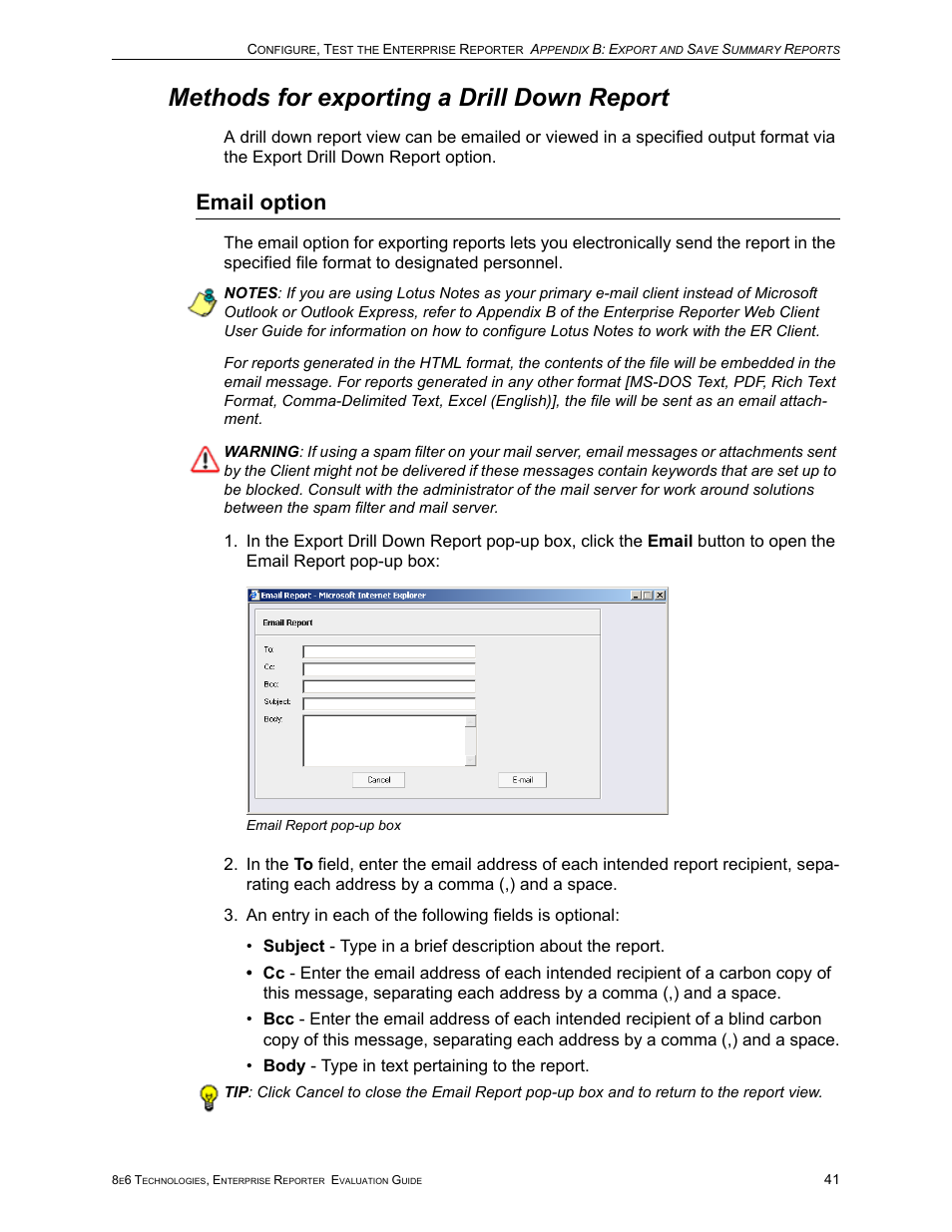 Methods for exporting a drill down report, Email option | 8e6 Technologies Enterprise Reporter ER HL/SL User Manual | Page 45 / 48