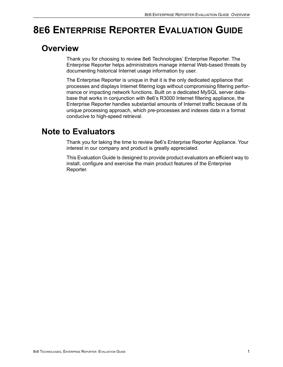 8e6 enterprise reporter evaluation guide, Overview, Note to evaluators | Nterprise, Eporter, Valuation, Uide | 8e6 Technologies Enterprise Reporter ER HL/SL User Manual | Page 5 / 48
