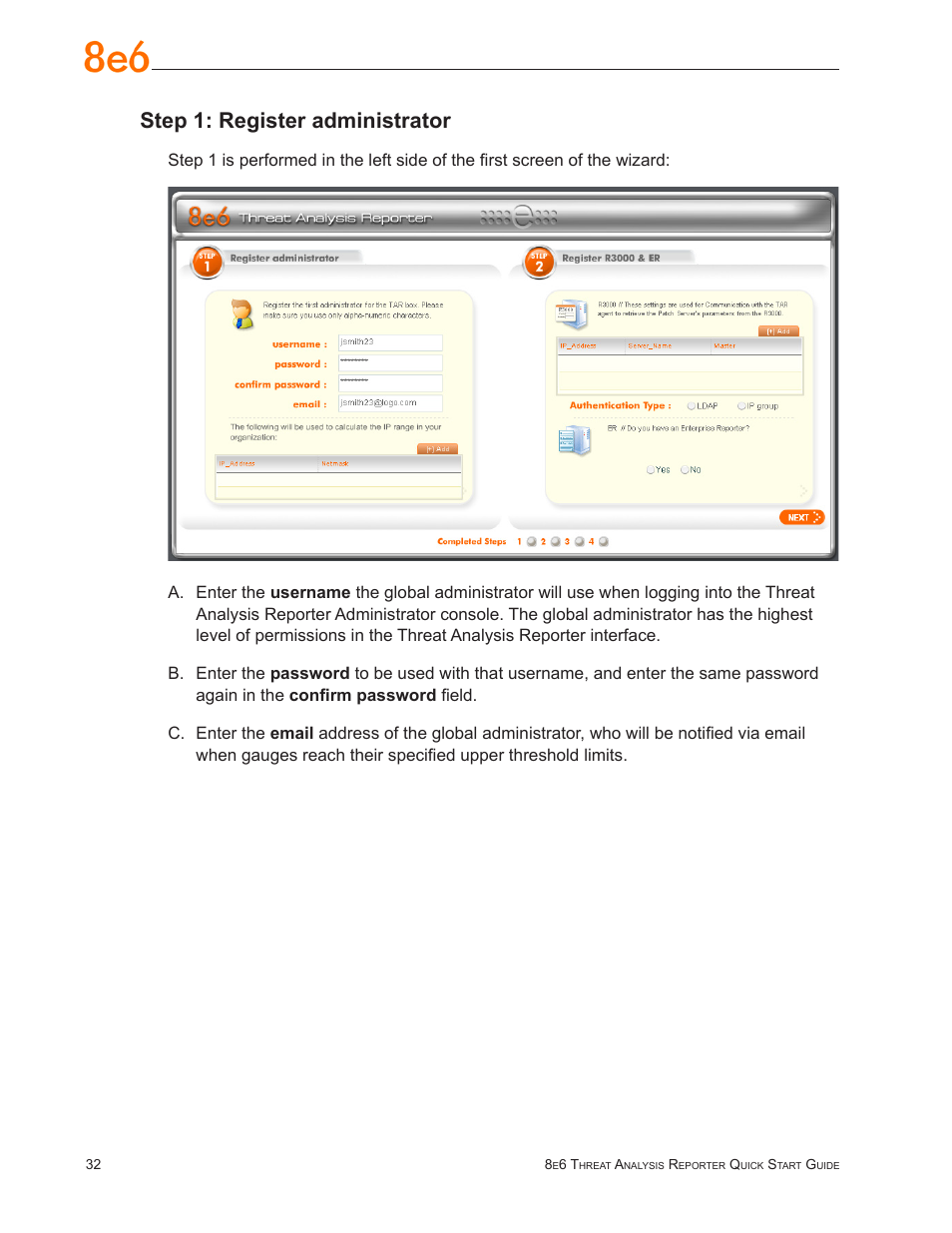 Step 1: register administrator | 8e6 Technologies Threat Analysis Reporter TAR 1.0 User Manual | Page 36 / 54