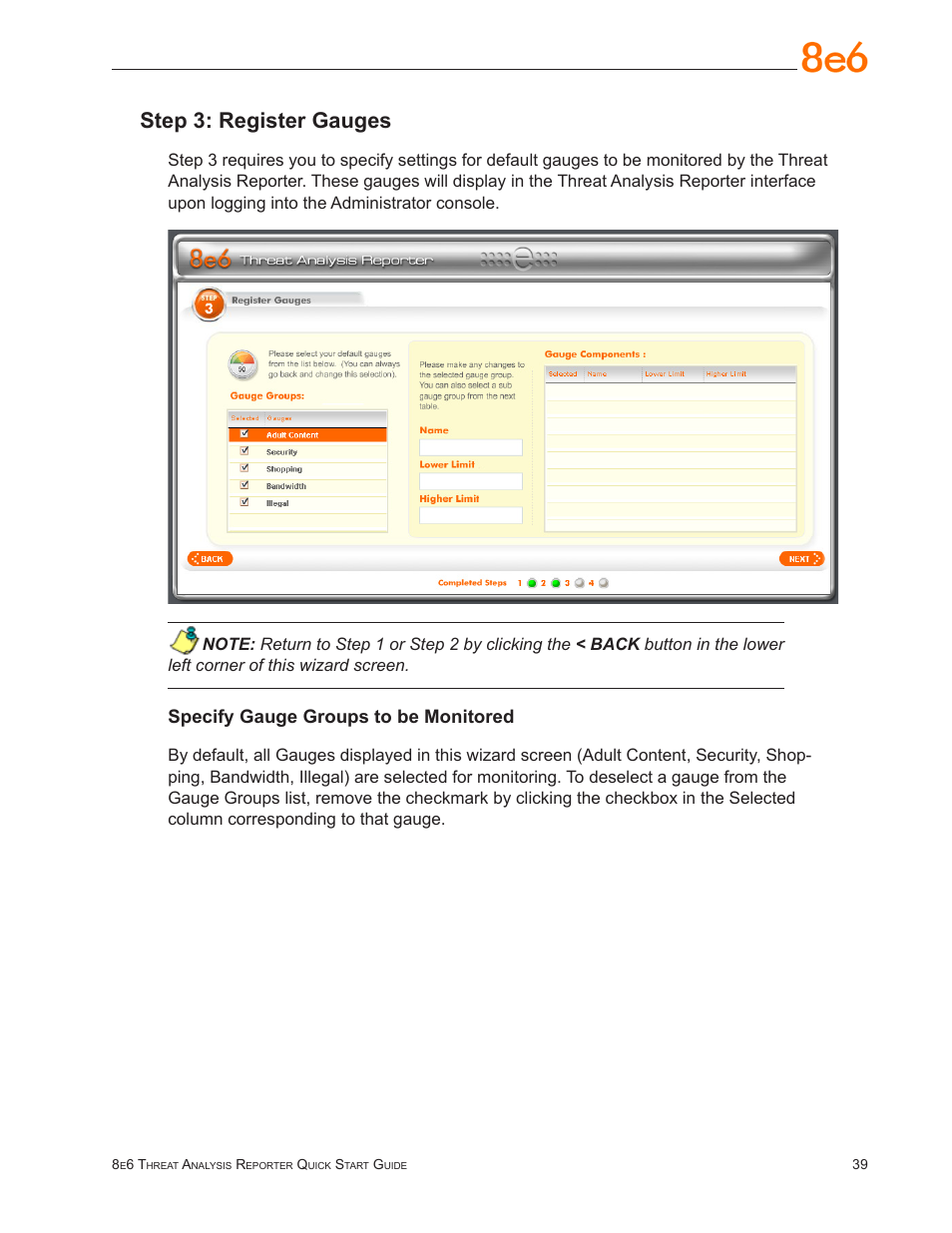 Step 3: register gauges, Specify gauge groups to be monitored | 8e6 Technologies Threat Analysis Reporter TAR 1.0 User Manual | Page 43 / 54
