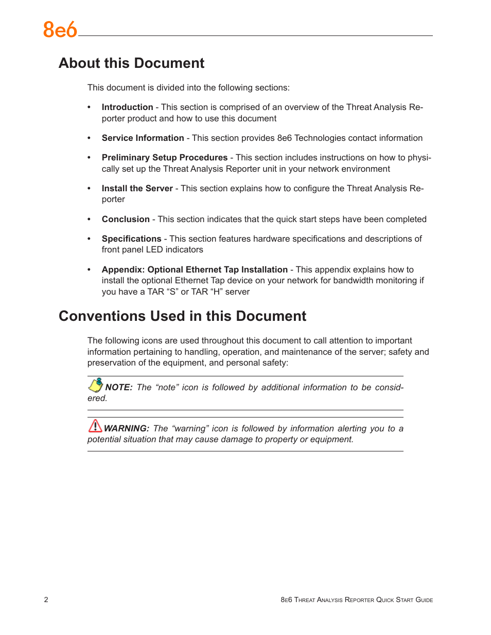 About this document, Conventions used in this document | 8e6 Technologies Threat Analysis Reporter TAR 1.0 User Manual | Page 6 / 54
