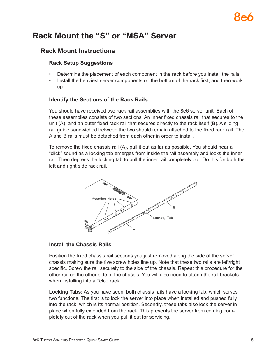 Rack mount the “s” or “msa” server, Rack mount instructions | 8e6 Technologies Threat Analysis Reporter TAR 1.0 User Manual | Page 9 / 54