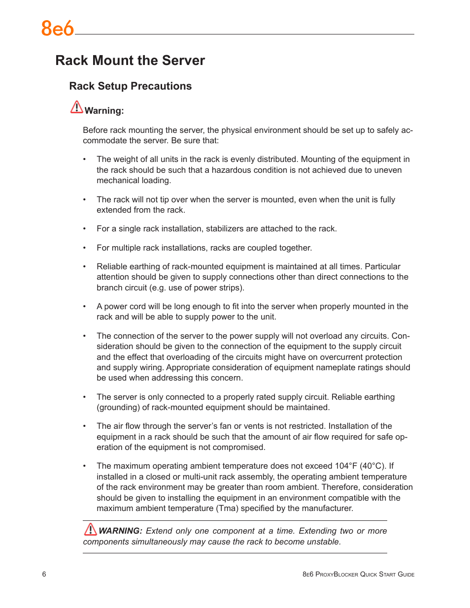Rack mount the server, Rack setup precautions | 8e6 Technologies ProxyBlocker MSA-004-005 User Manual | Page 10 / 52