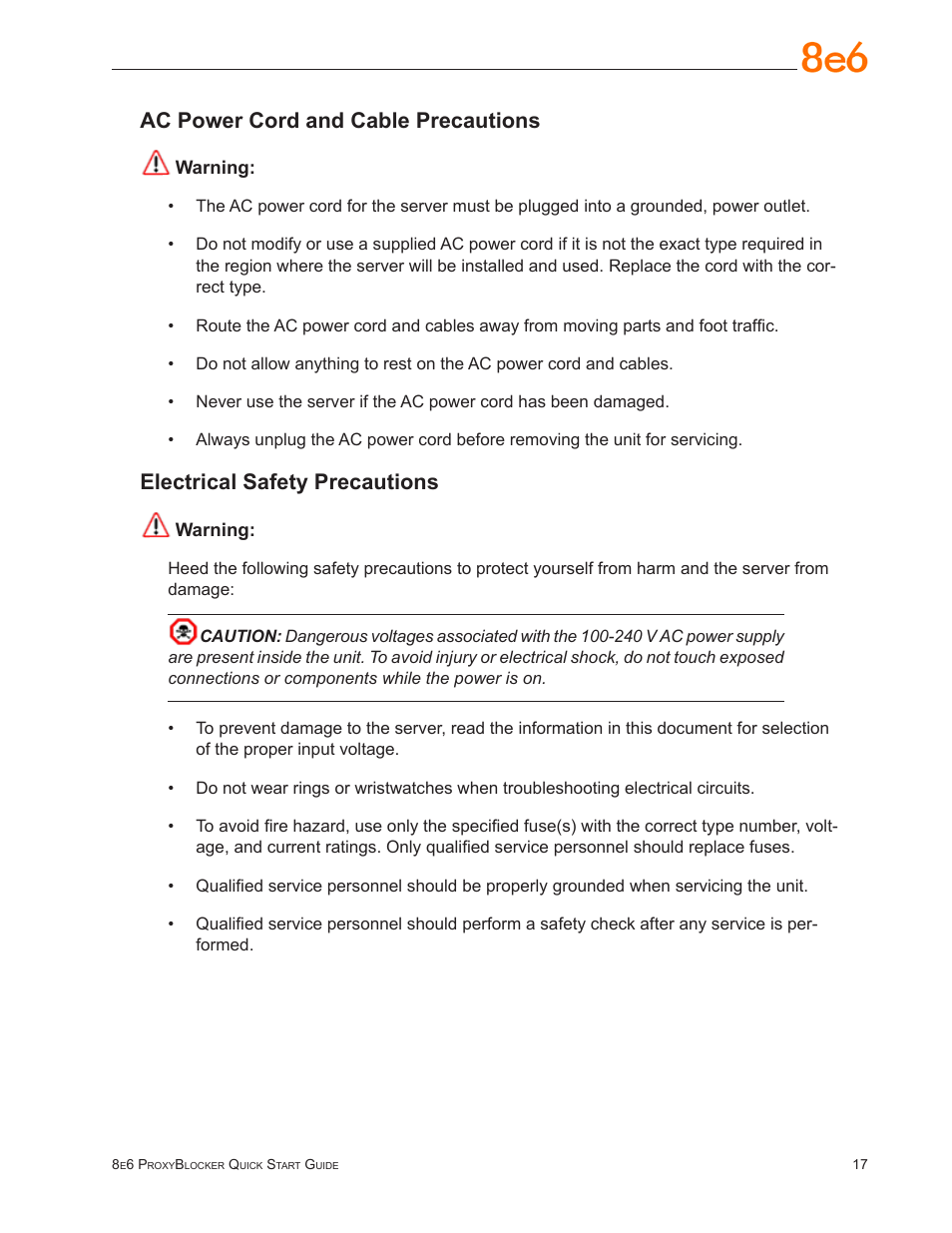 Ac power cord and cable precautions, Electrical safety precautions | 8e6 Technologies ProxyBlocker MSA-004-005 User Manual | Page 21 / 52