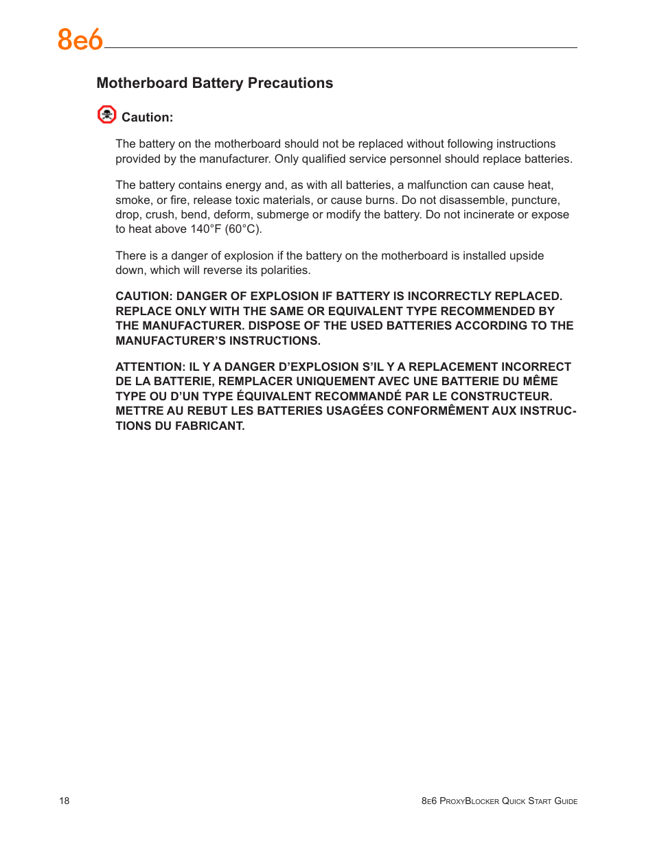 Motherboard battery precautions | 8e6 Technologies ProxyBlocker MSA-004-005 User Manual | Page 22 / 52