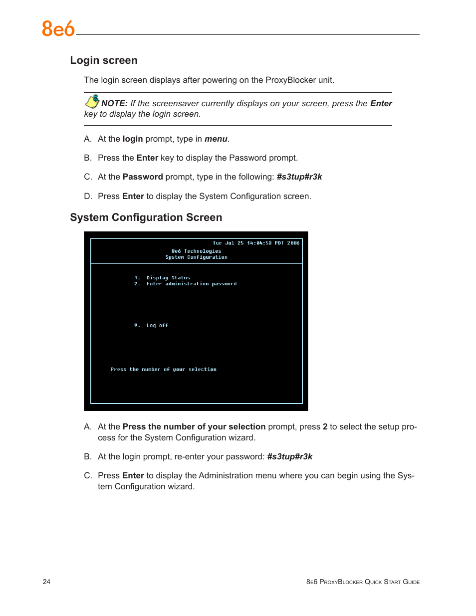 Login screen, System configuration screen | 8e6 Technologies ProxyBlocker MSA-004-005 User Manual | Page 28 / 52