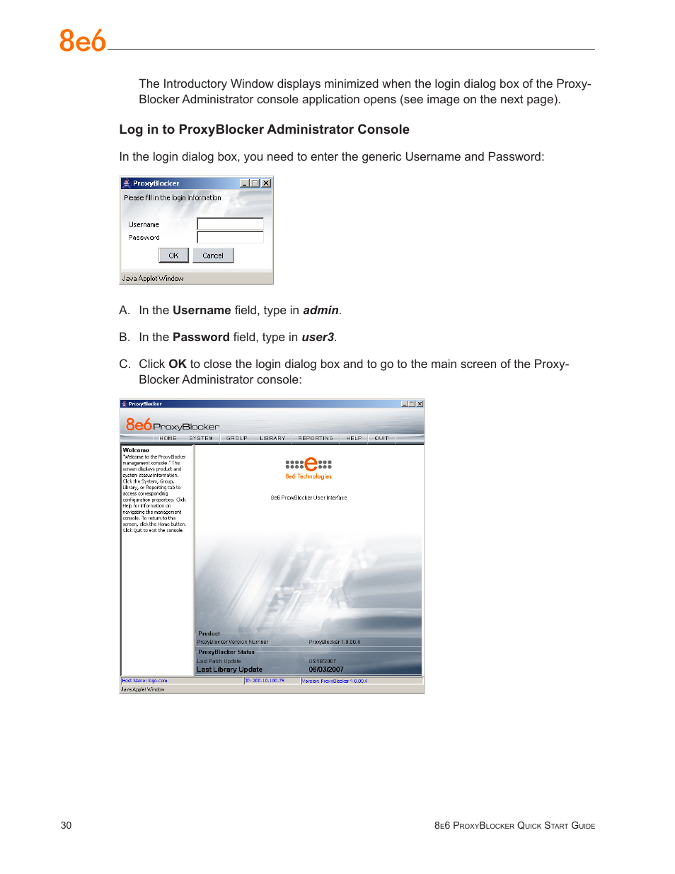 Log in to proxyblocker administrator console | 8e6 Technologies ProxyBlocker MSA-004-005 User Manual | Page 34 / 52