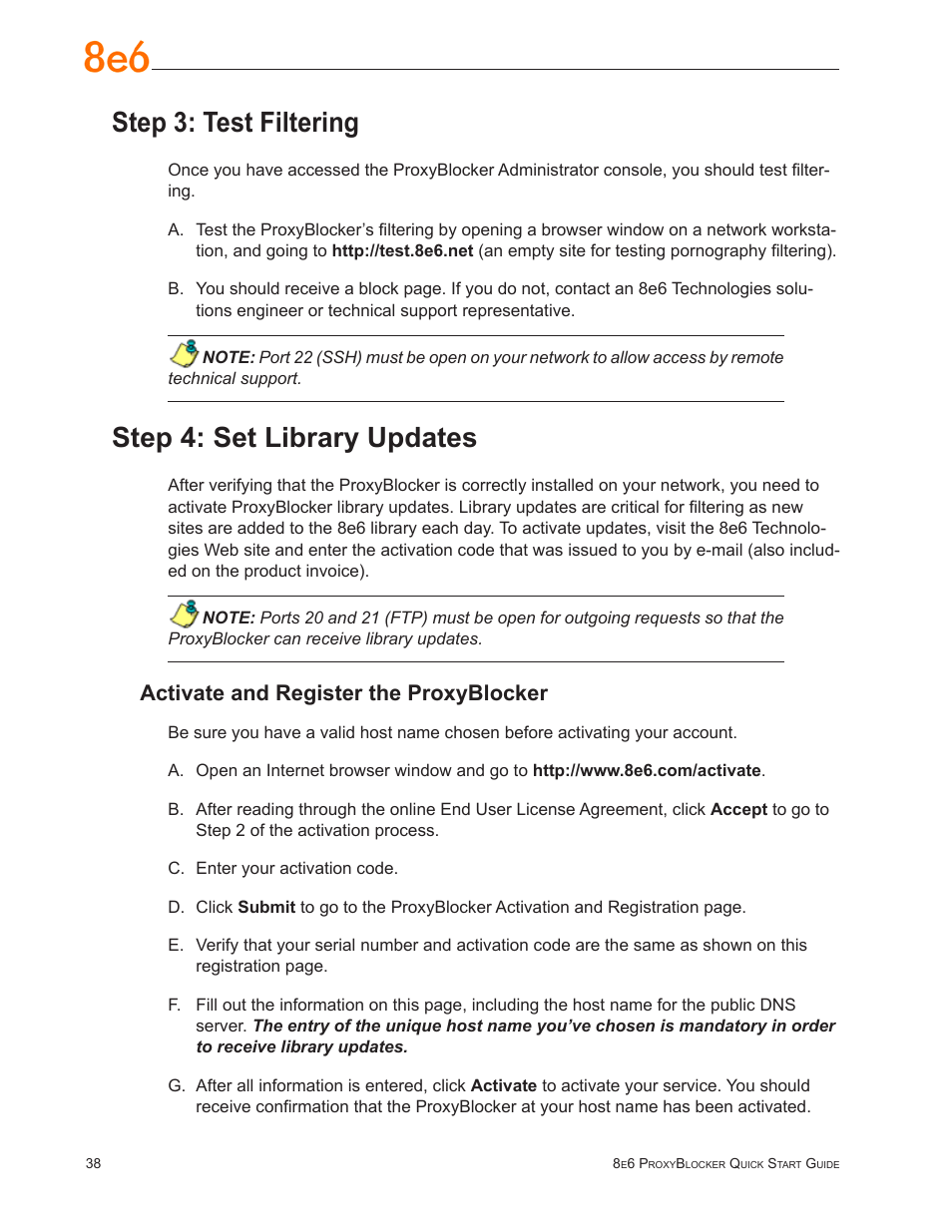 Step 3: test filtering, Step 4: set library updates, Step 3: test filtering step 4: set library updates | Activate and register the proxyblocker | 8e6 Technologies ProxyBlocker MSA-004-005 User Manual | Page 42 / 52