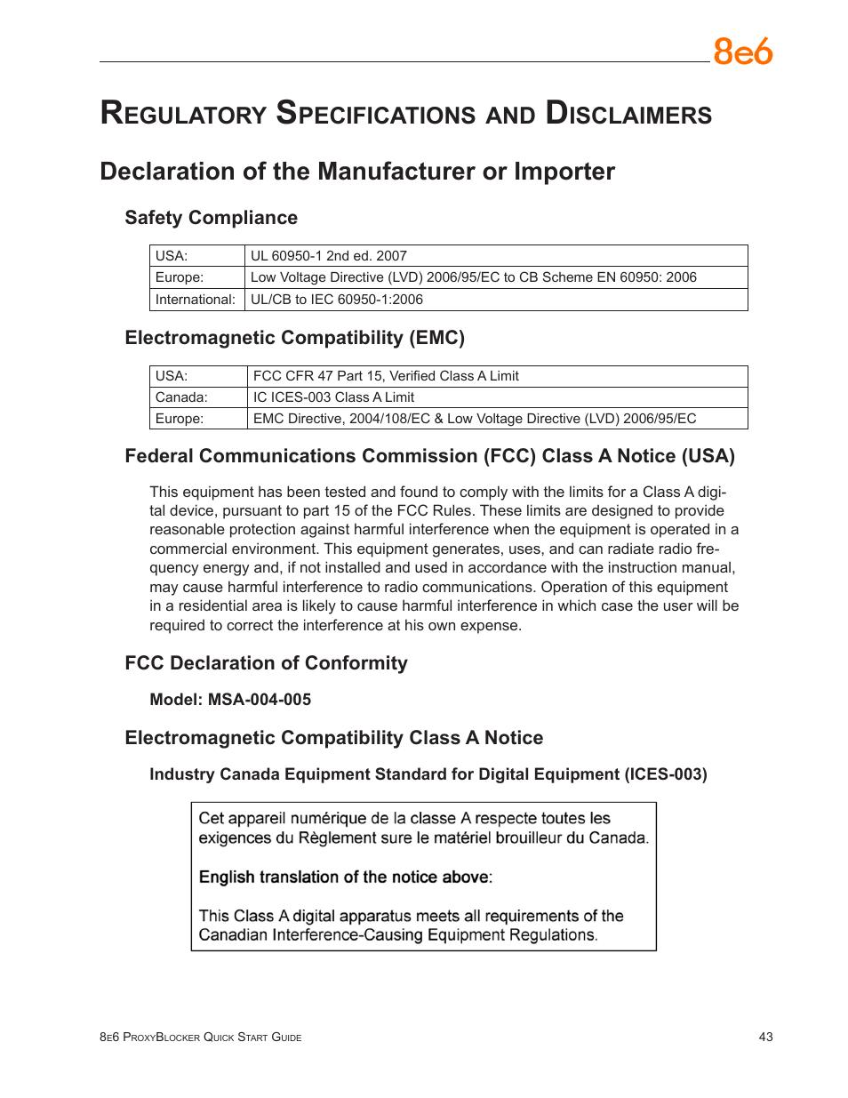 Regulatory specifications and disclaimers, Declaration of the manufacturer or importer, Egulatory | Pecifications, Isclaimers | 8e6 Technologies ProxyBlocker MSA-004-005 User Manual | Page 47 / 52