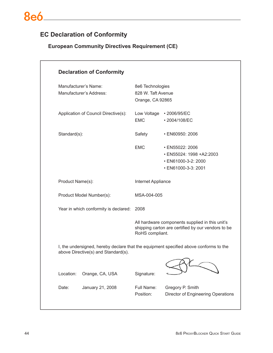 Ec declaration of conformity | 8e6 Technologies ProxyBlocker MSA-004-005 User Manual | Page 48 / 52