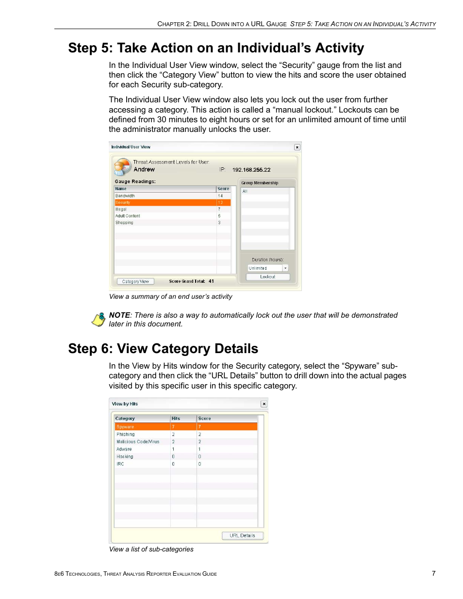 Step 5: take action on an individual’s activity, Step 6: view category details | 8e6 Technologies Threat Analysis Reporter TAR HL/SL/MSA User Manual | Page 11 / 22