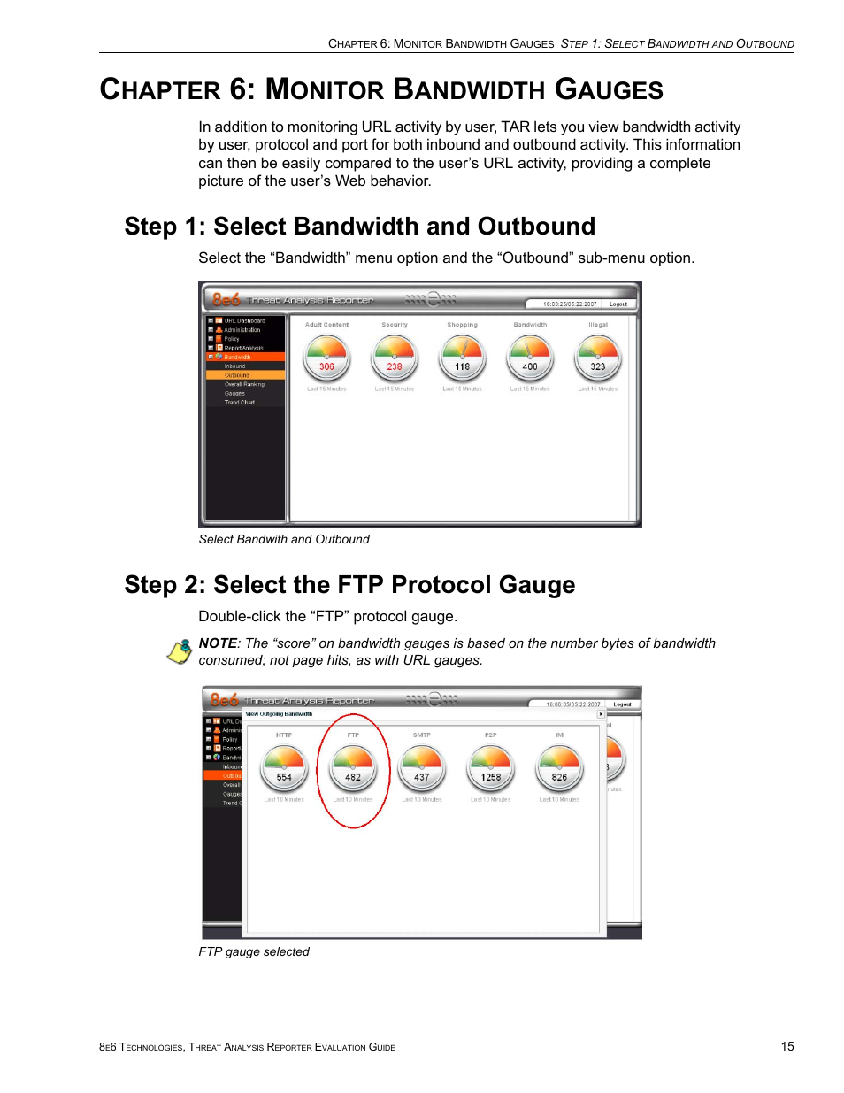 Chapter 6: monitor bandwidth gauges, Step 1: select bandwidth and outbound, Step 2: select the ftp protocol gauge | Hapter, Onitor, Andwidth, Auges | 8e6 Technologies Threat Analysis Reporter TAR HL/SL/MSA User Manual | Page 19 / 22