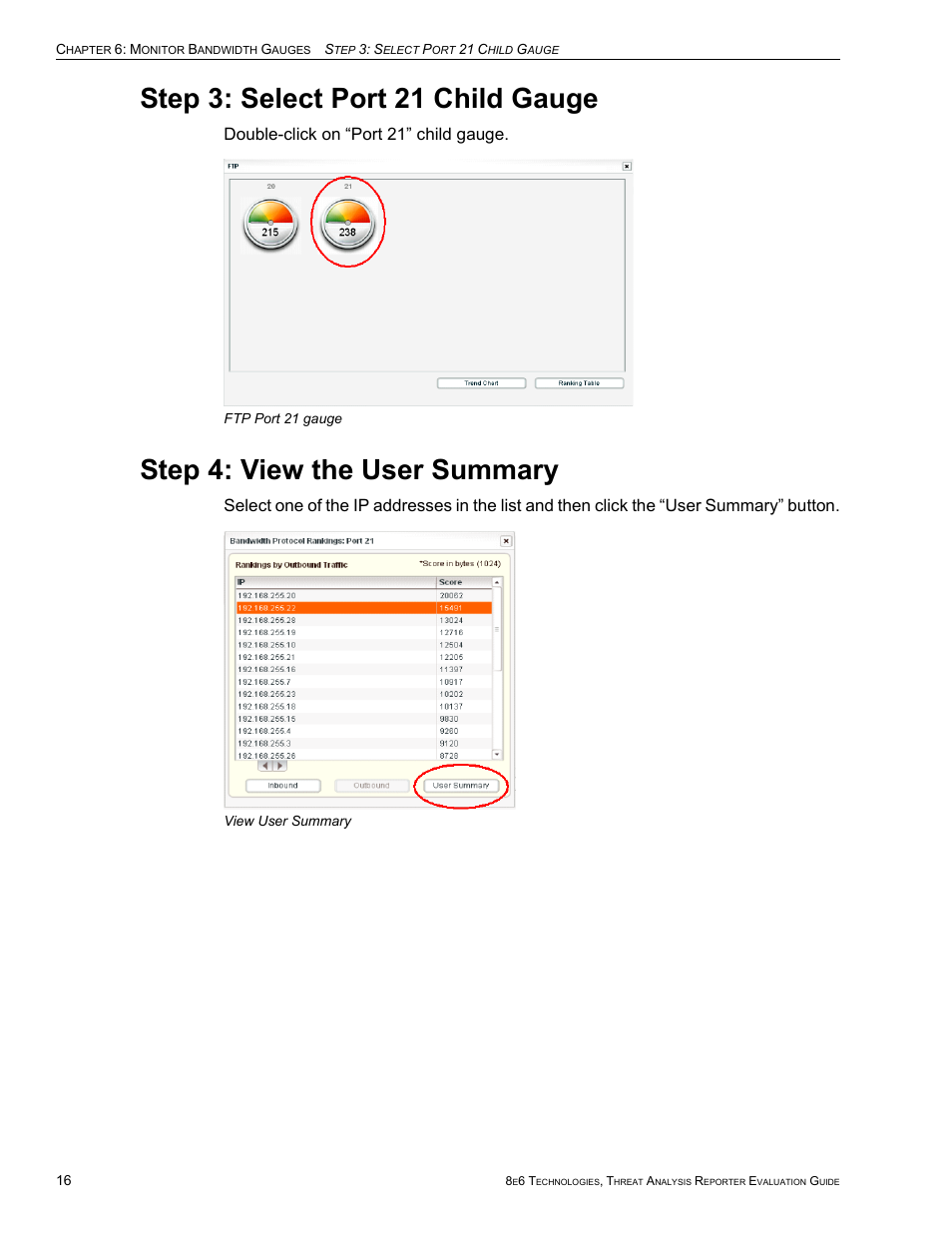 Step 3: select port 21 child gauge, Step 4: view the user summary, Double-click on “port 21” child gauge | 8e6 Technologies Threat Analysis Reporter TAR HL/SL/MSA User Manual | Page 20 / 22