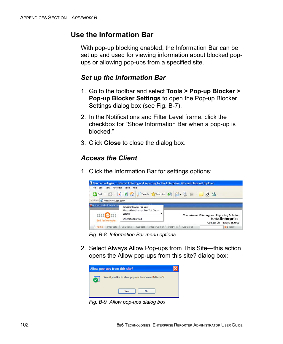 Set up the information bar, Access the client, Set up the information bar access the client | Use the information bar, Click the information bar for settings options | 8e6 Technologies ER 4.0 User Manual | Page 110 / 118