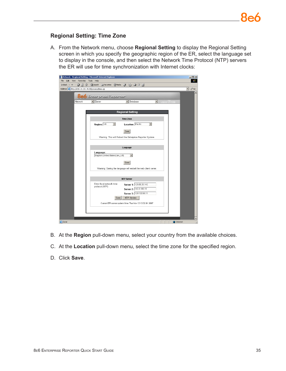 Regional setting: time zone | 8e6 Technologies ER3-100 (5K02-55) User Manual | Page 39 / 74