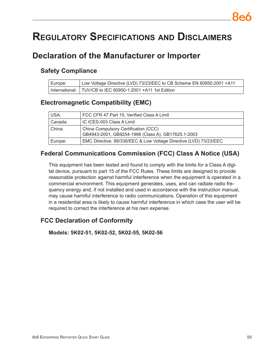 Regulatory specifications and disclaimers, Declaration of the manufacturer or importer, Egulatory | Pecifications, Isclaimers | 8e6 Technologies ER3-100 (5K02-55) User Manual | Page 59 / 74