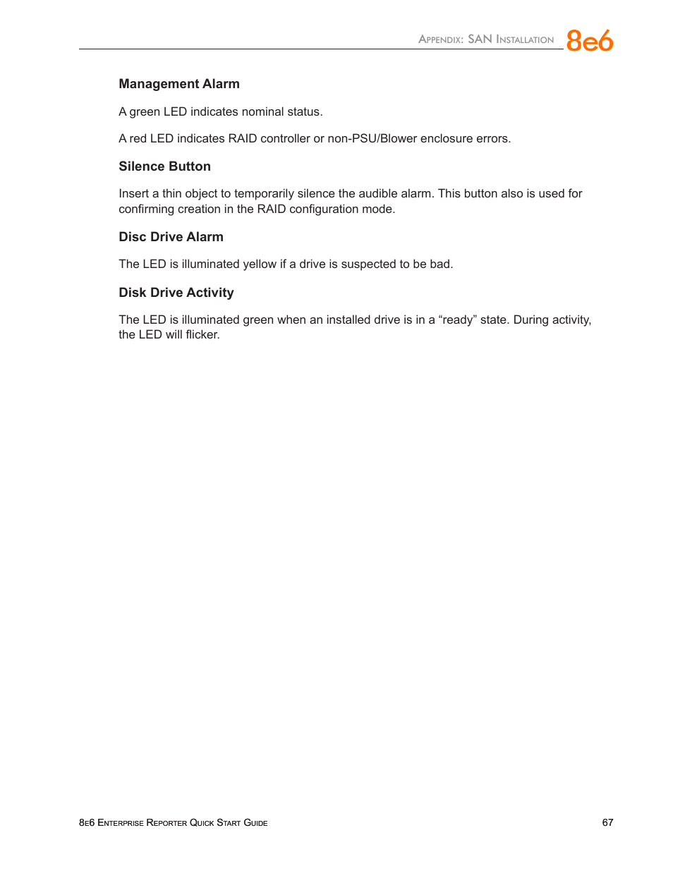 Management alarm, Silence button, Disc drive alarm | Disk drive activity, San i | 8e6 Technologies ER3-100 (5K02-55) User Manual | Page 71 / 74