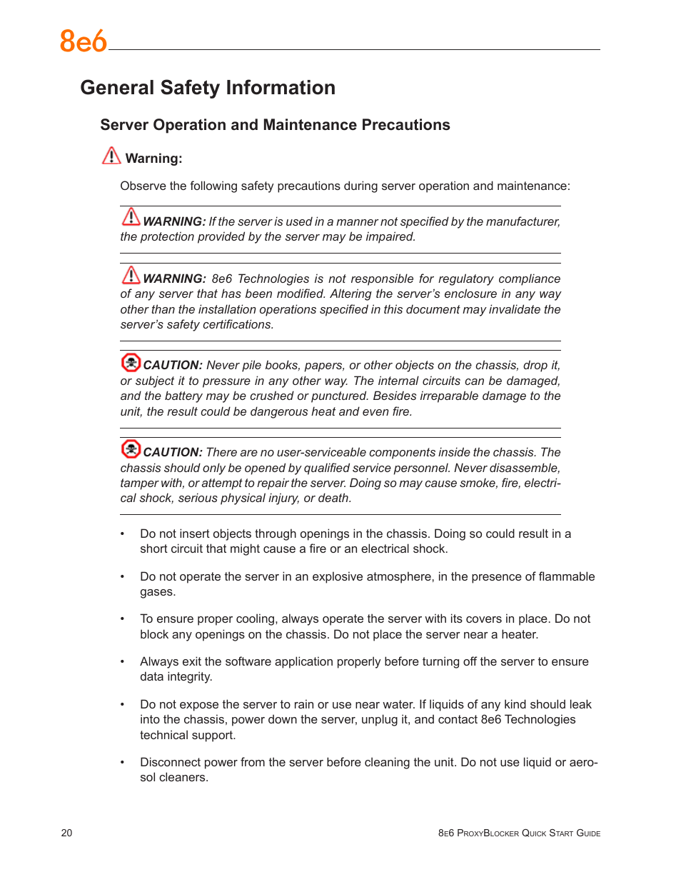 General safety information, Server operation and maintenance precautions | 8e6 Technologies ProxyBlocker User Manual | Page 24 / 66