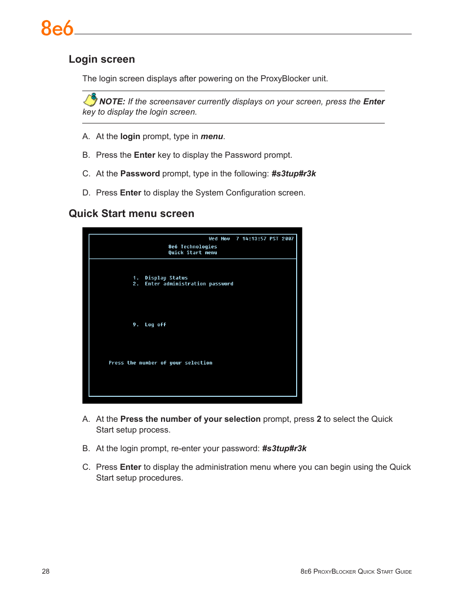 Login screen, Quick start menu screen | 8e6 Technologies ProxyBlocker User Manual | Page 32 / 66