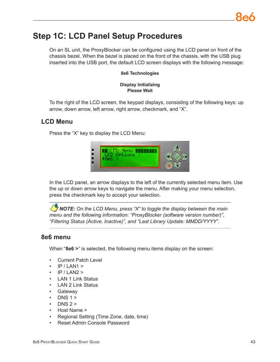 Step 1c: lcd panel setup procedures, Lcd menu, 8e6 menu | 8e6 Technologies ProxyBlocker User Manual | Page 47 / 66