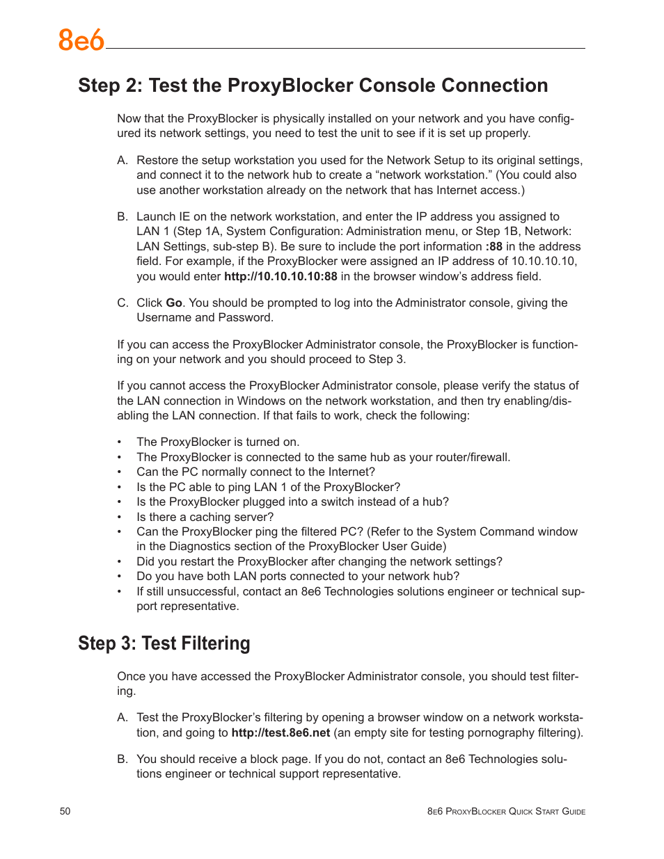 Step 2: test the proxyblocker console connection, Step 3: test filtering | 8e6 Technologies ProxyBlocker User Manual | Page 54 / 66