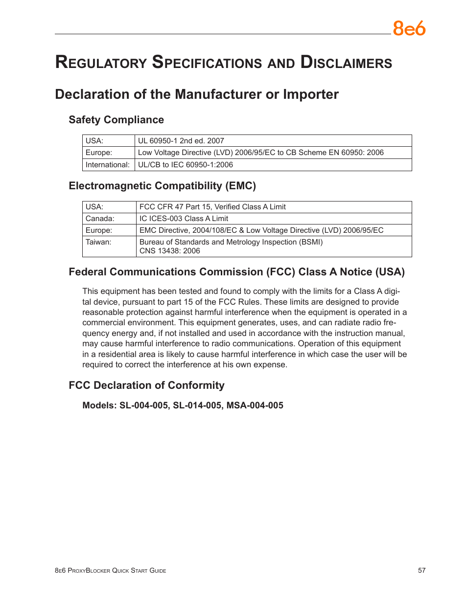 Regulatory specifications and disclaimers, Declaration of the manufacturer or importer, Egulatory | Pecifications, Isclaimers | 8e6 Technologies ProxyBlocker User Manual | Page 61 / 66