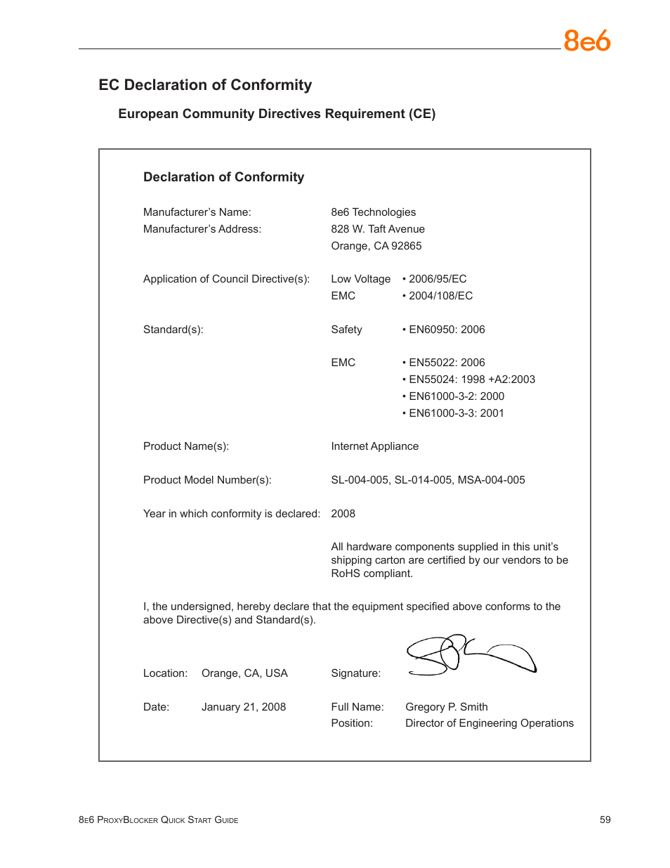 Ec declaration of conformity | 8e6 Technologies ProxyBlocker User Manual | Page 63 / 66