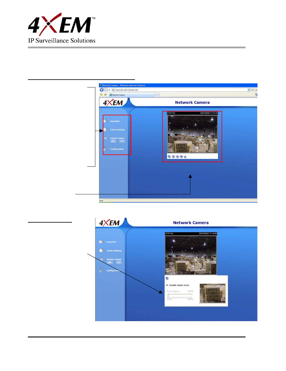 Primary user’s capability, Main screen with camera view, Digital zoom | Snapshot, Client settings | 4XEM IPCAMW45 User Manual | Page 11 / 57