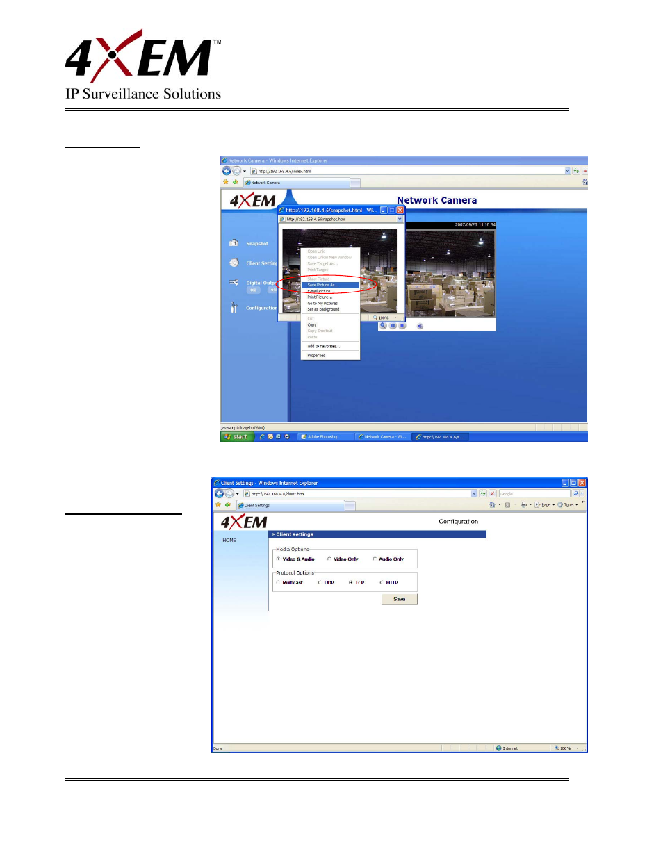 Snapshot, Client settings | 4XEM IPCAMW45 User Manual | Page 12 / 57