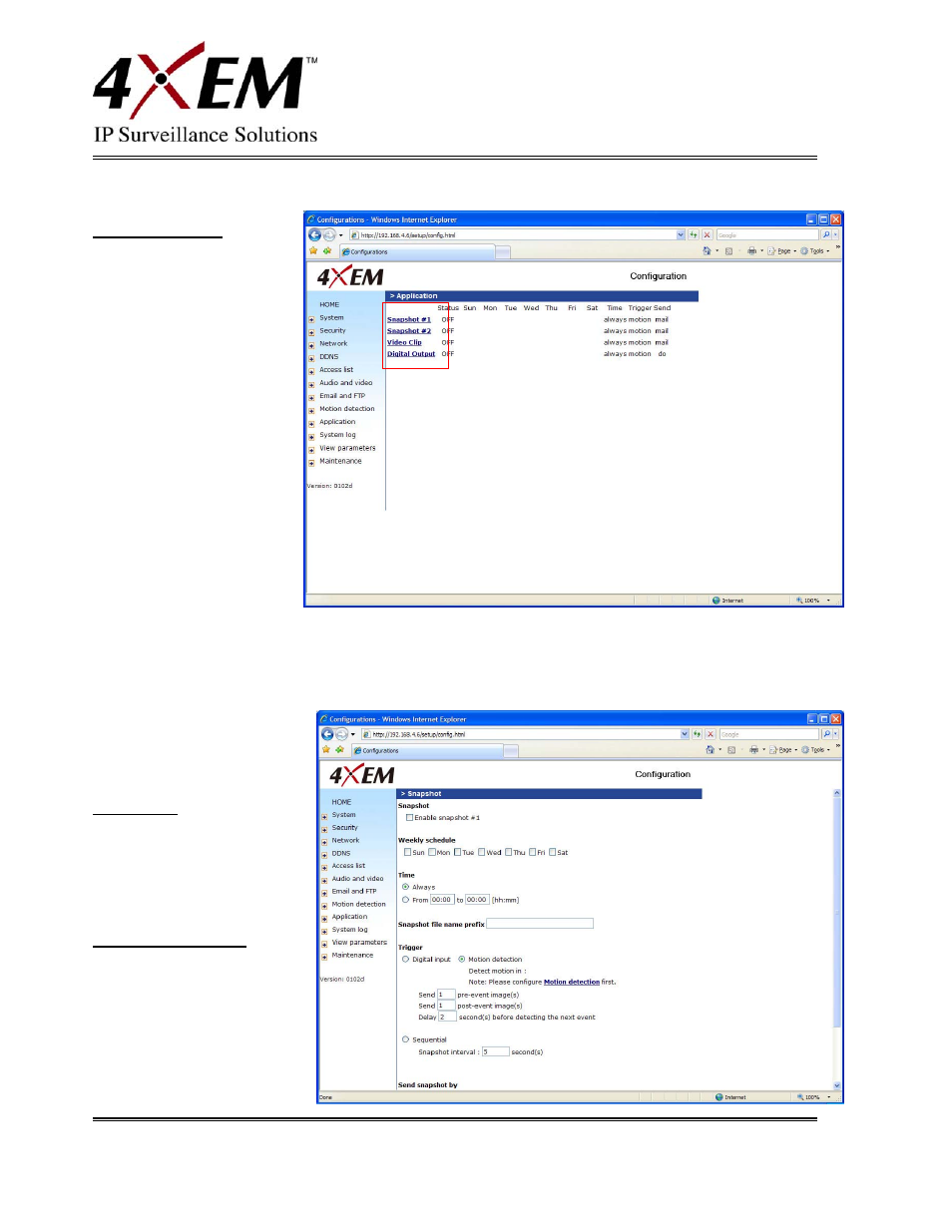 Application settings, Snapshot, Application | 4XEM IPCAMW45 User Manual | Page 30 / 57