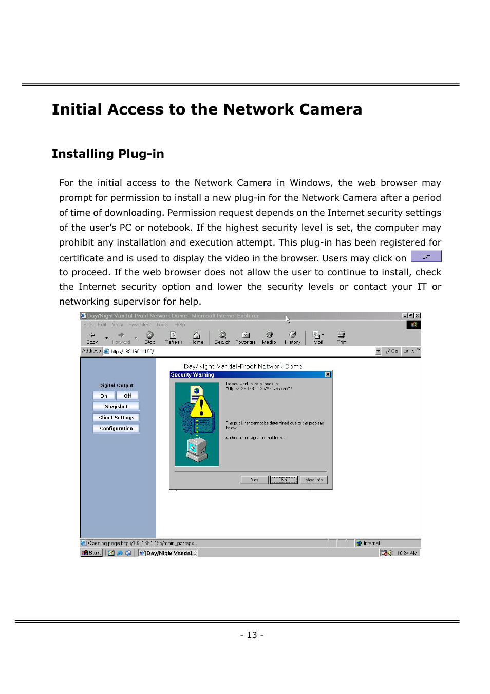 Initial access to the network camera, Installing plug-in | 4XEM Network Camera User Manual | Page 17 / 88