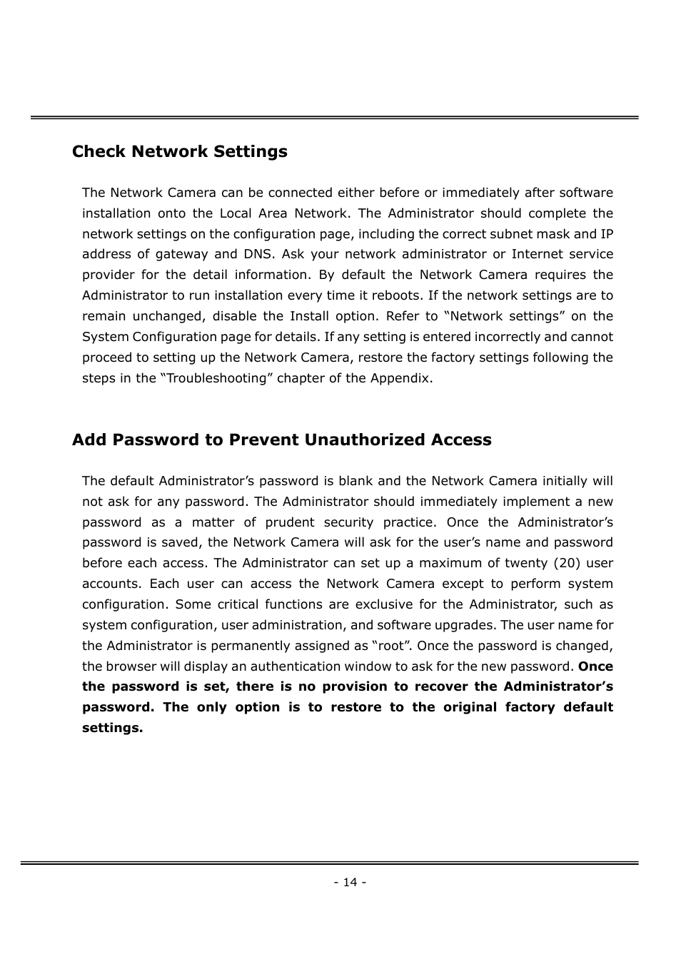 Check network settings, Add password to prevent unauthorized access | 4XEM Network Camera User Manual | Page 18 / 88