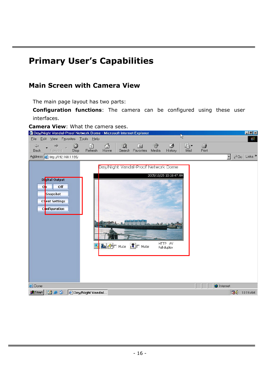 Primary user’s capabilities, Main screen with camera view | 4XEM Network Camera User Manual | Page 20 / 88