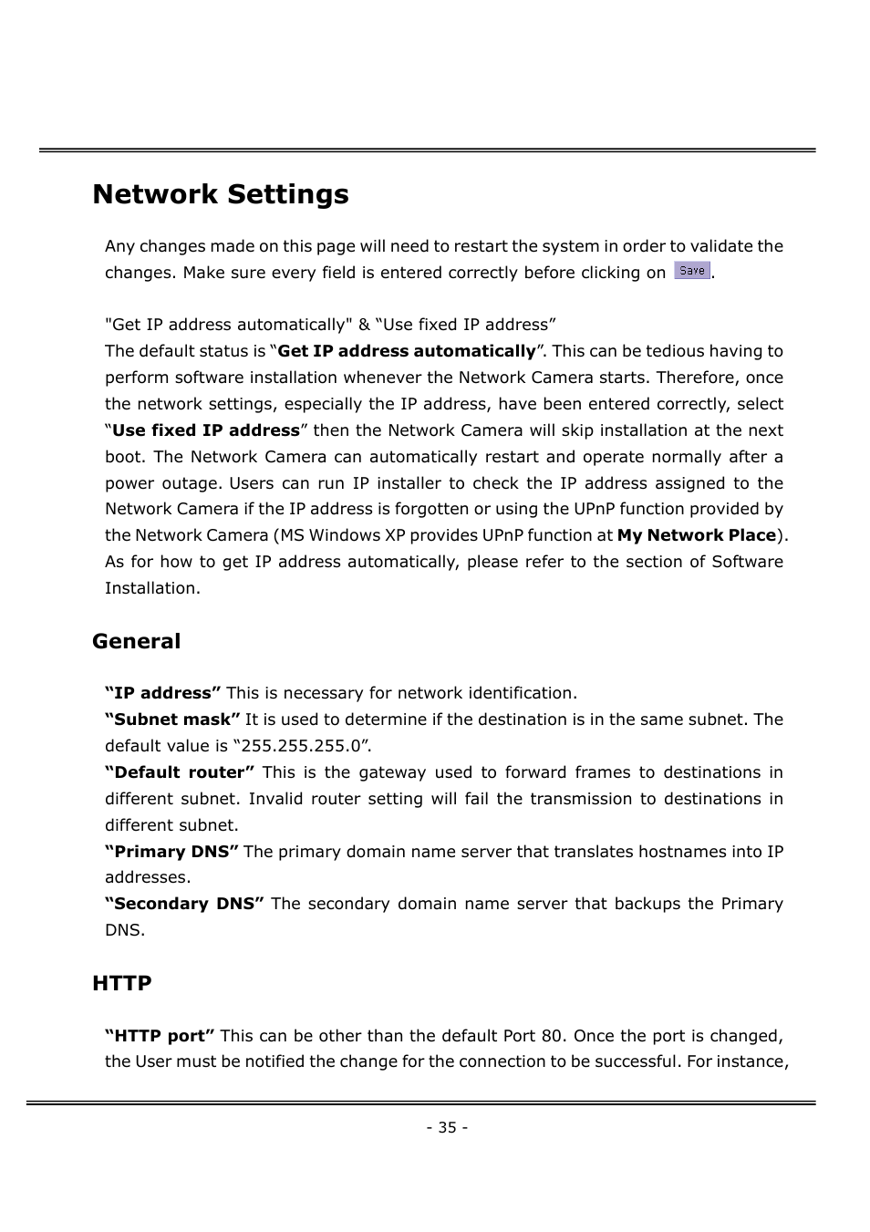 Network settings, General | 4XEM Network Camera User Manual | Page 39 / 88