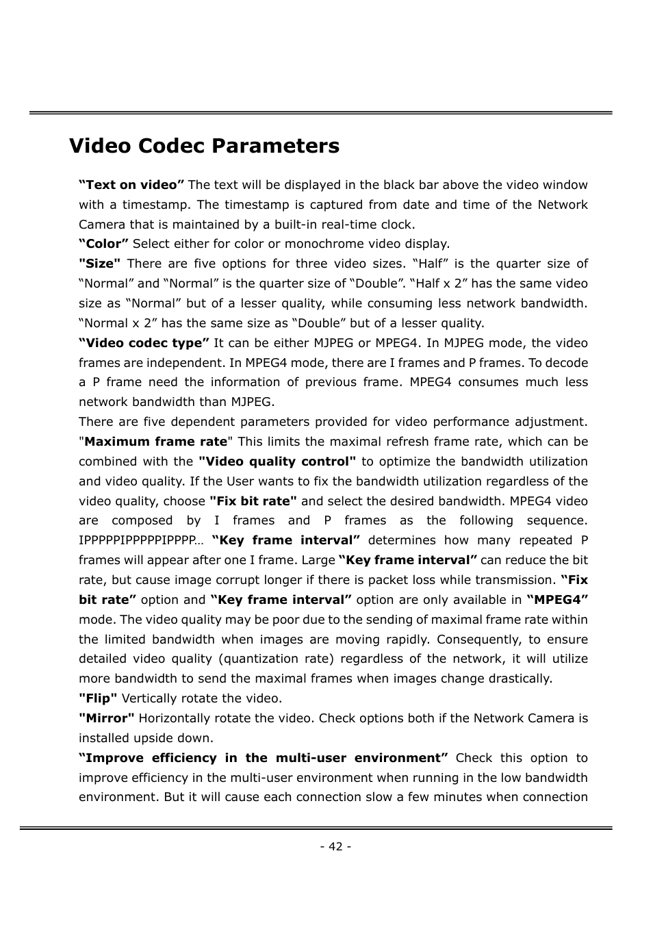 Video codec parameters | 4XEM Network Camera User Manual | Page 46 / 88