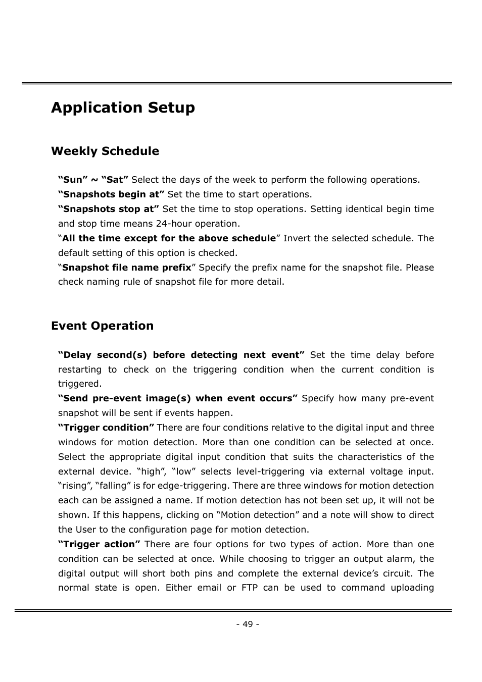 Application setup, Weekly schedule, Event operation | 4XEM Network Camera User Manual | Page 53 / 88