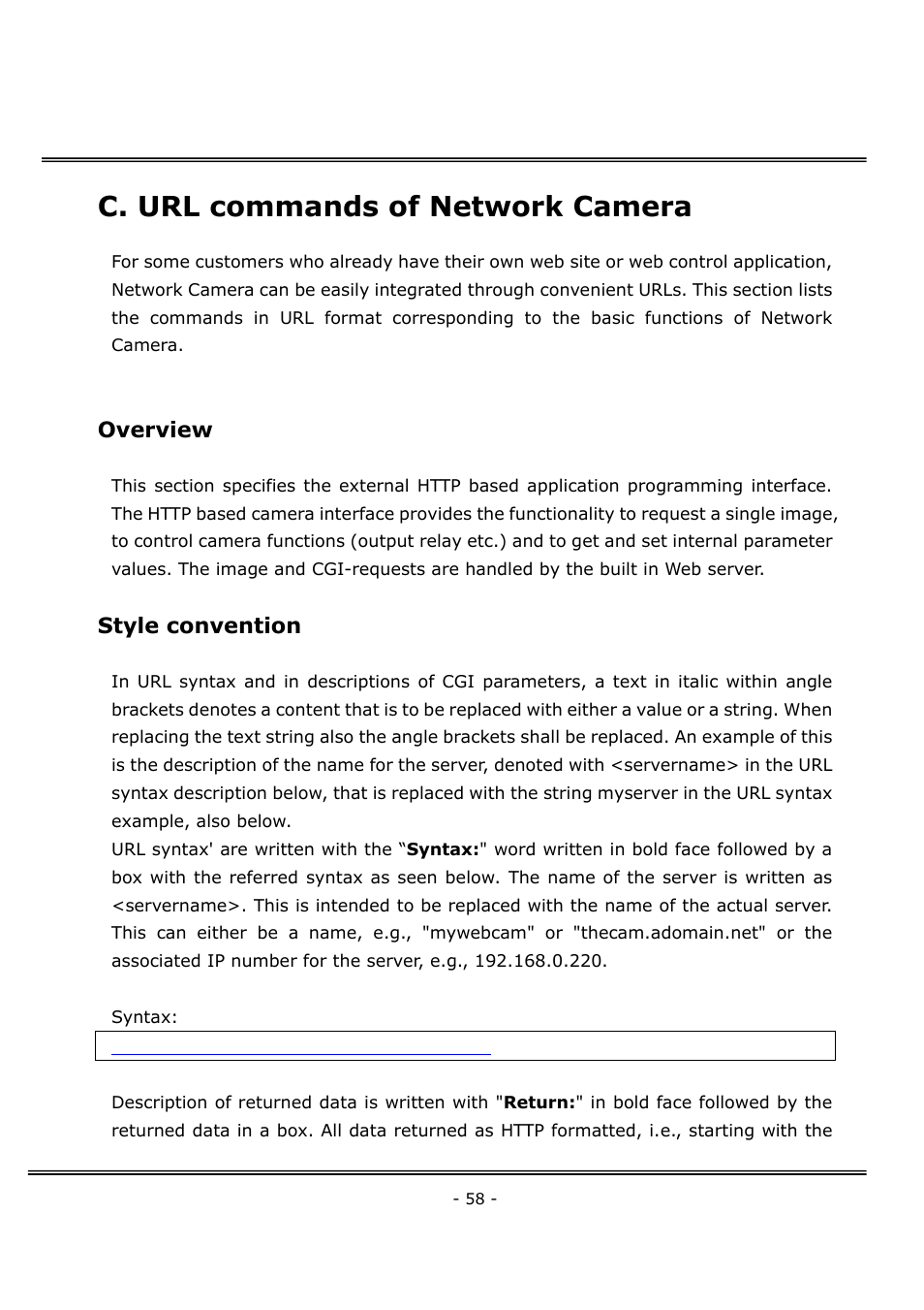 C. url commands of network camera, Overview, Style convention | 4XEM Network Camera User Manual | Page 62 / 88