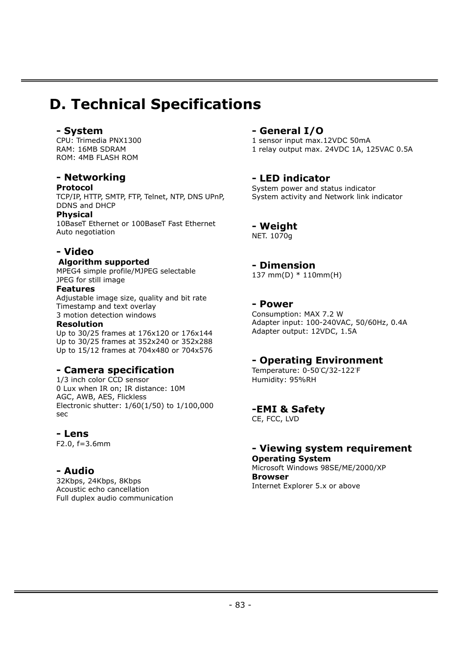 D. technical specifications | 4XEM Network Camera User Manual | Page 87 / 88