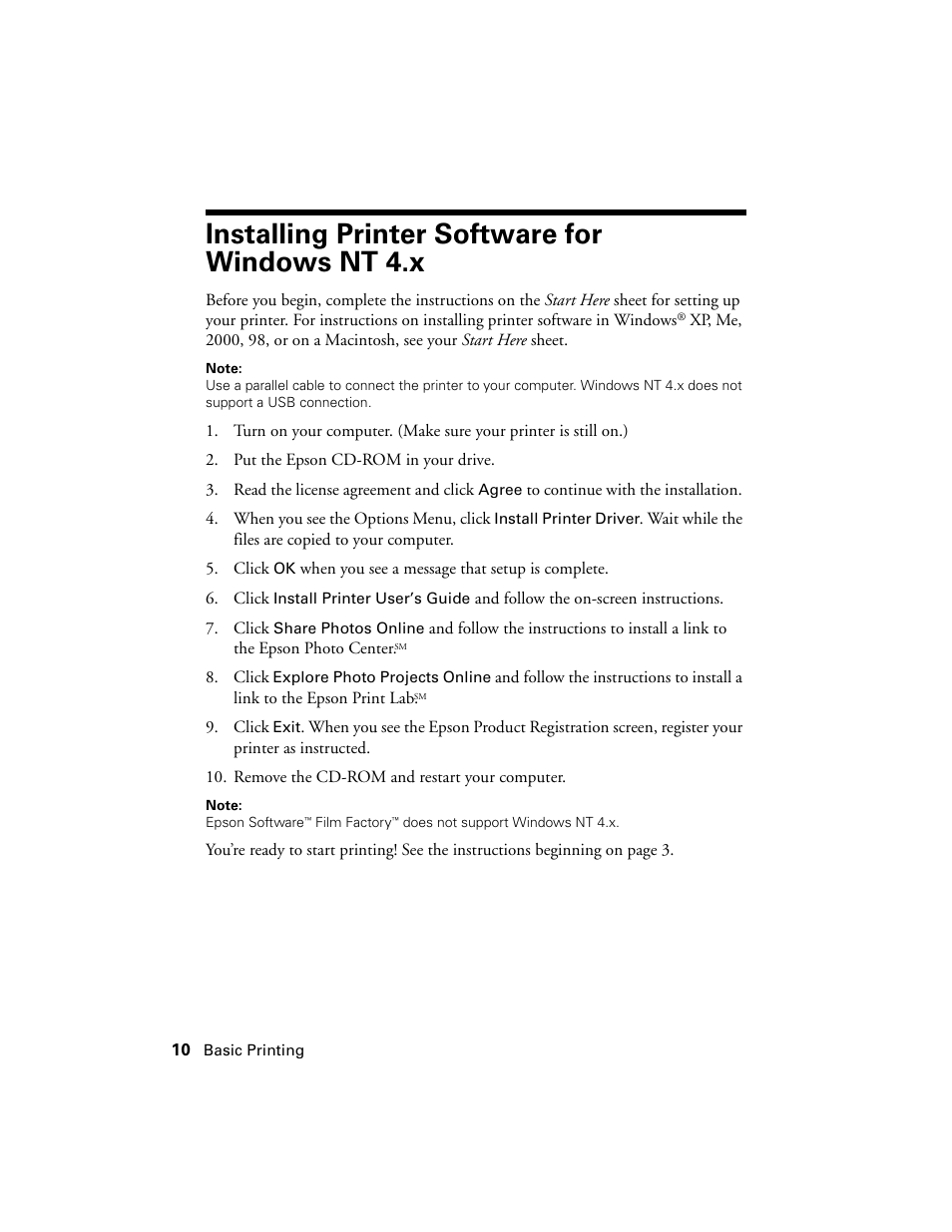 Installing printer software for windowsnt4.x, Installing printer software for windows nt 4.x | Epson Stylus C86 User Manual | Page 10 / 40