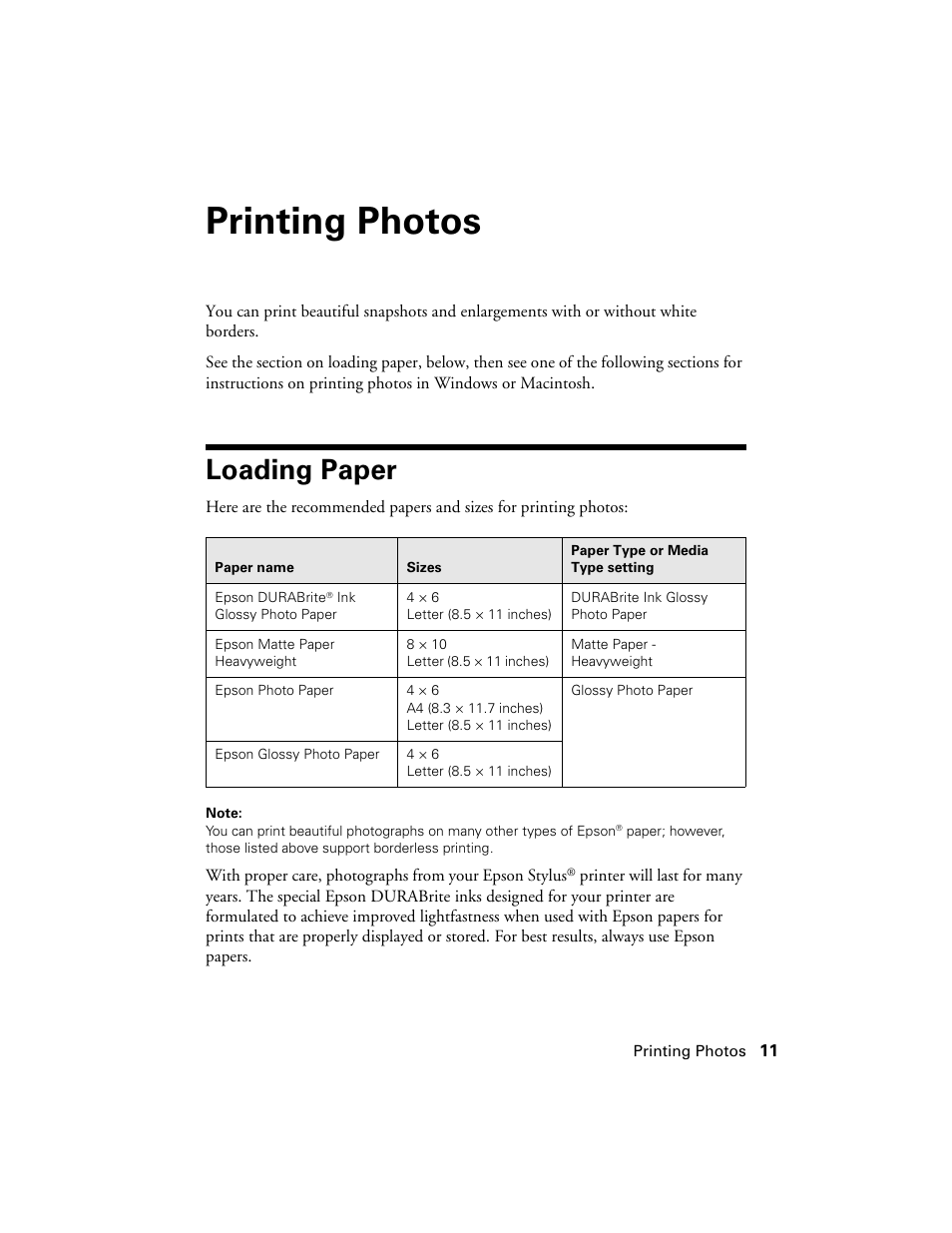 Printing photos, Loading paper | Epson Stylus C86 User Manual | Page 11 / 40