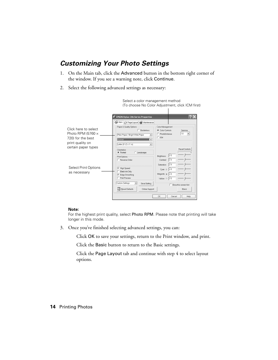 Customizing your photo settings | Epson Stylus C86 User Manual | Page 14 / 40