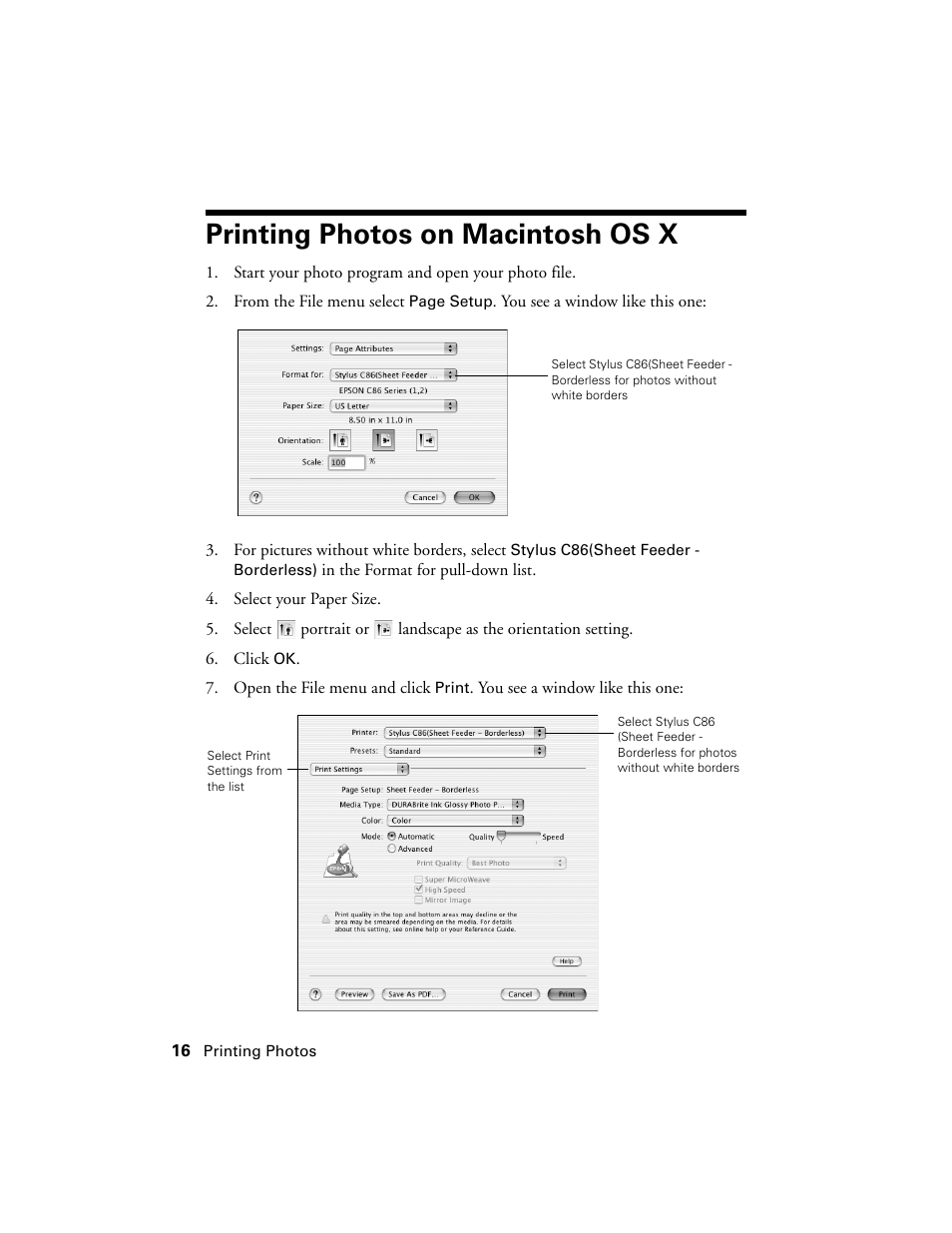 Printing photos on macintosh os x | Epson Stylus C86 User Manual | Page 16 / 40