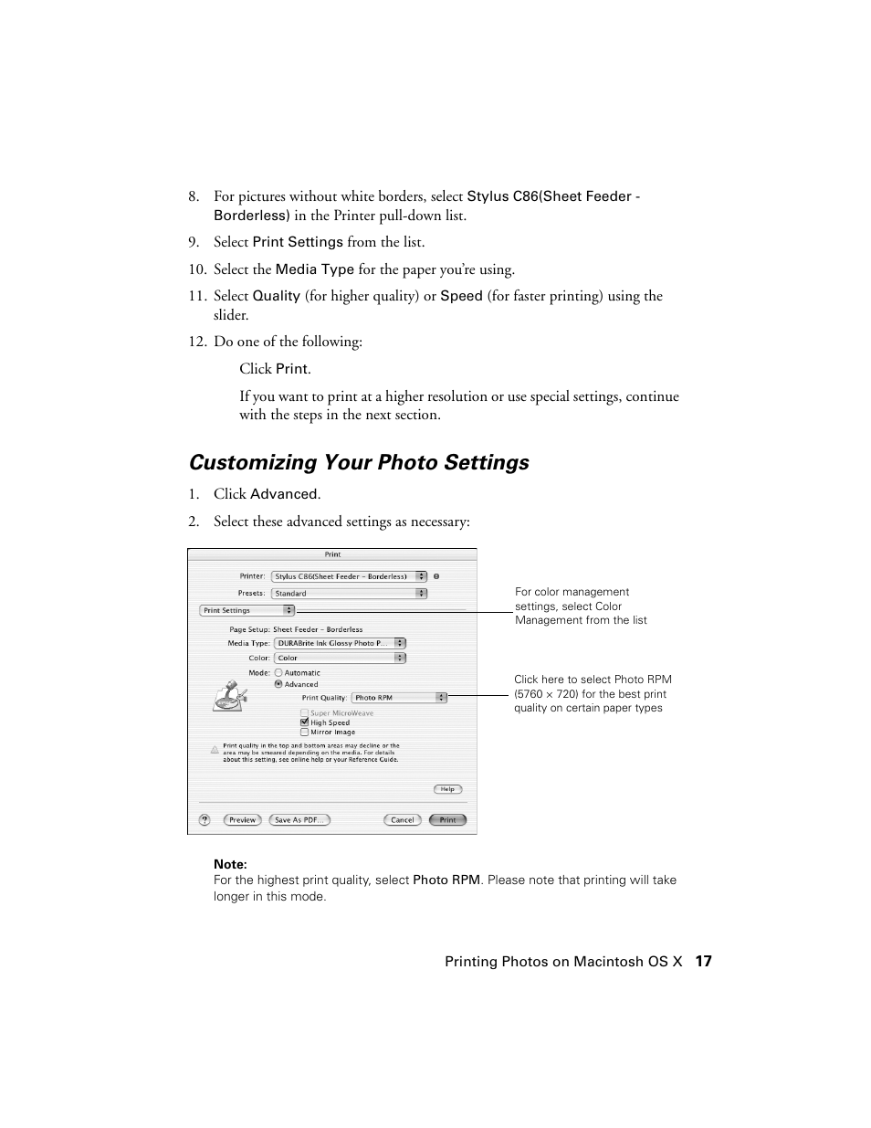 Customizing your photo settings | Epson Stylus C86 User Manual | Page 17 / 40