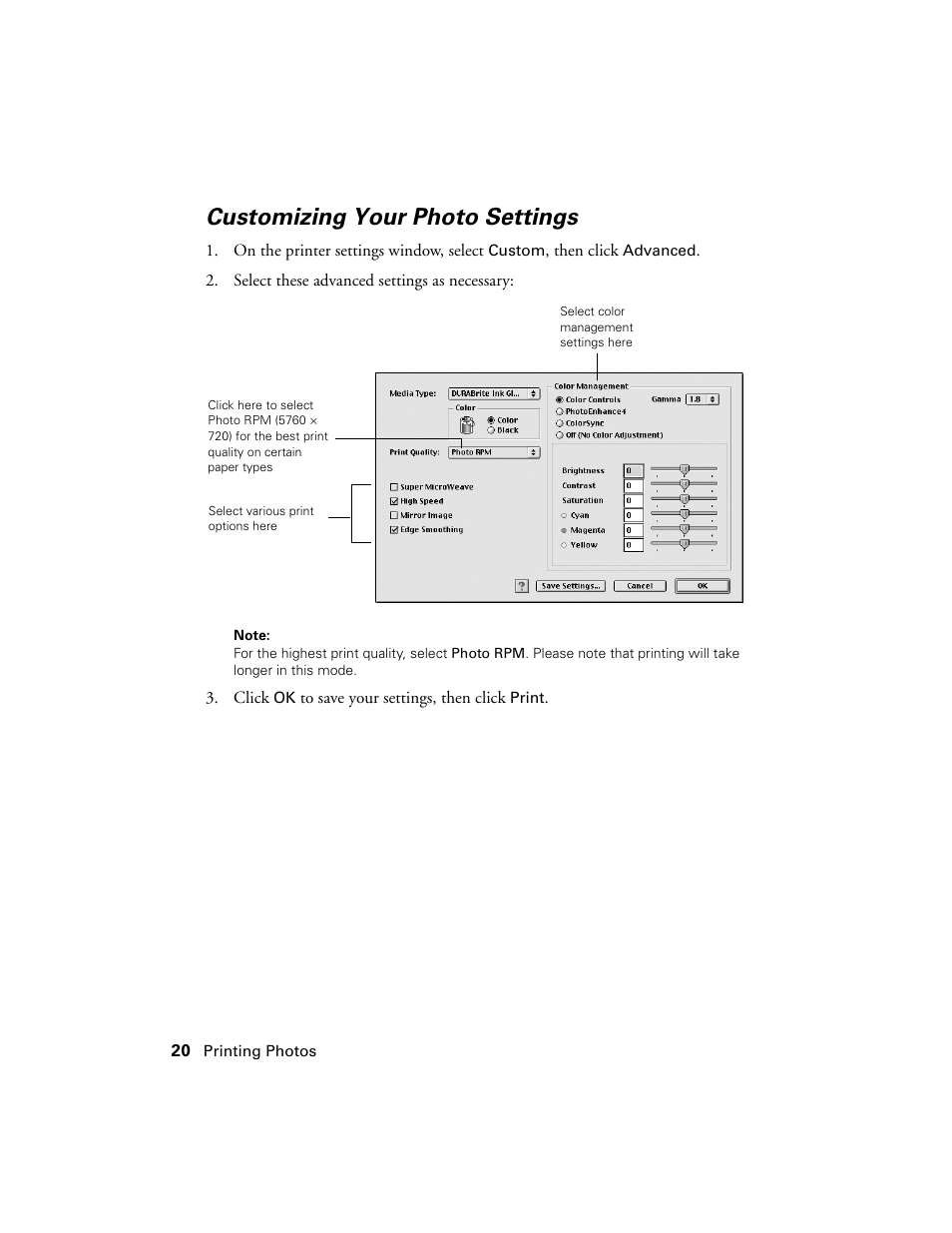 Customizing your photo settings | Epson Stylus C86 User Manual | Page 20 / 40