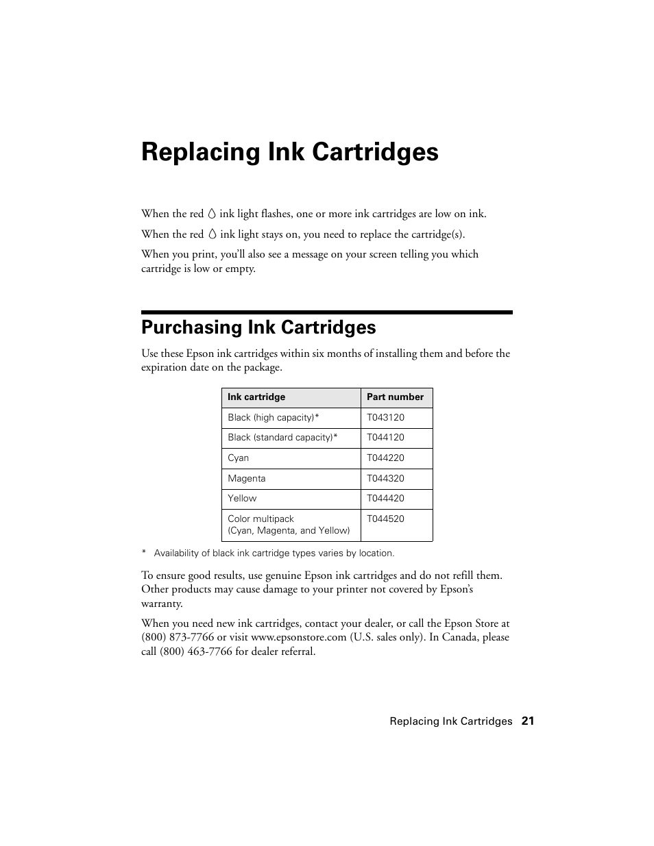 Replacing ink cartridges, Purchasing ink cartridges | Epson Stylus C86 User Manual | Page 21 / 40