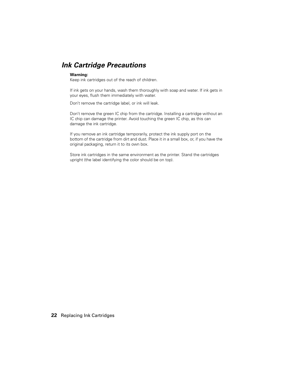 Ink cartridge precautions | Epson Stylus C86 User Manual | Page 22 / 40