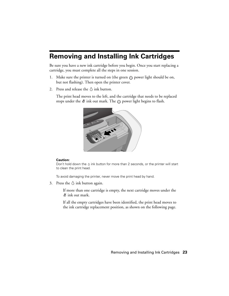 Removing and installing ink cartridges | Epson Stylus C86 User Manual | Page 23 / 40