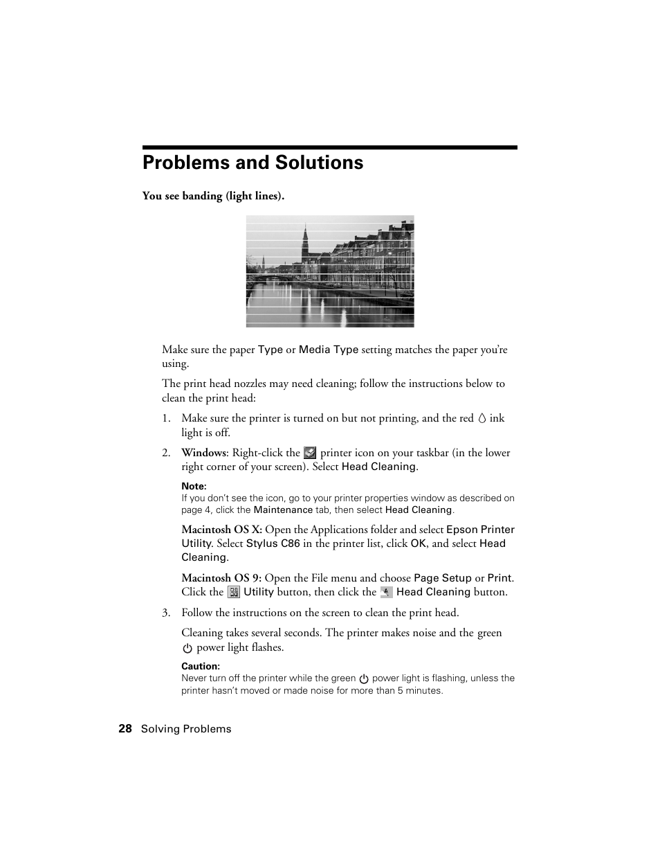 Problems and solutions | Epson Stylus C86 User Manual | Page 28 / 40